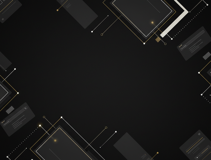 Create a professional, modern header image for a Shopify website focused on digital services.

Dark, premium background with abstract UI elements, website layouts, and system flows.
Strict brand colors:
#191919, #4D4D4D, #F7F5EF, #FFFFFF, with restrained gold accents (#F4C669).

Clean, conversion-focused composition with open space for call-to-action buttons.
No people, no text, no branding.
Wide aspect ratio for Shopify hero banner.
